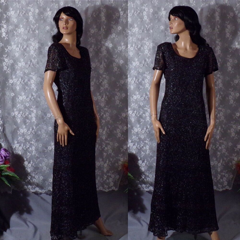 Vintage 90s Black Lace Maxi Dress Size Large 1990s Glitter Celestial Whimsigoth